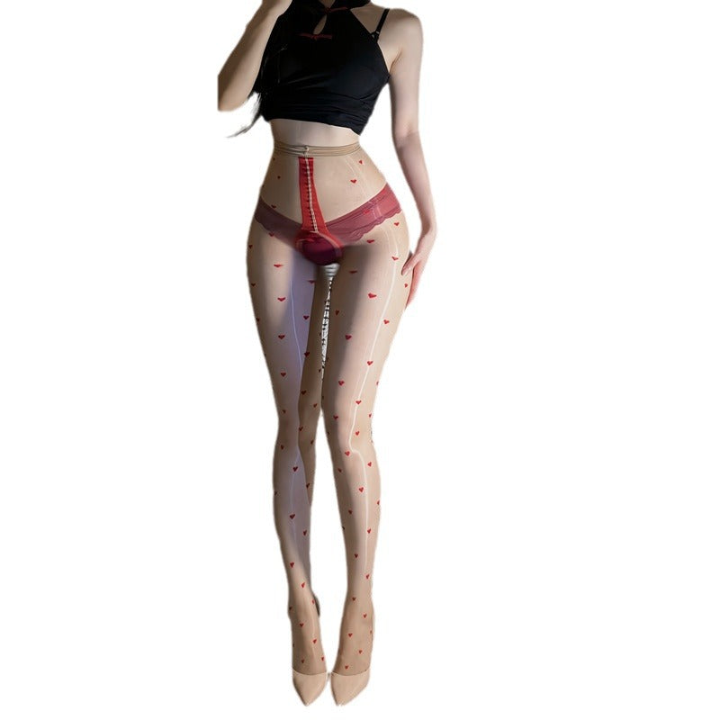 Heart Pattern Glossy Tights – Sheer Polka Dot Open-Crotch One-Piece Stockings, Sexy Aurora Silky Lingerie