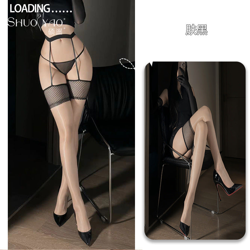 Shuoyao New Aurora Series Fishnet Garter One-Piece Stockings – Sexy Glossy Sheer Tights for Women