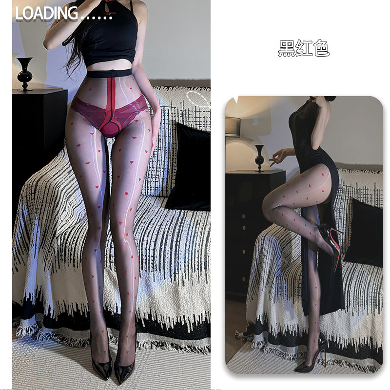 Heart Pattern Glossy Tights – Sheer Polka Dot Open-Crotch One-Piece Stockings, Sexy Aurora Silky Lingerie