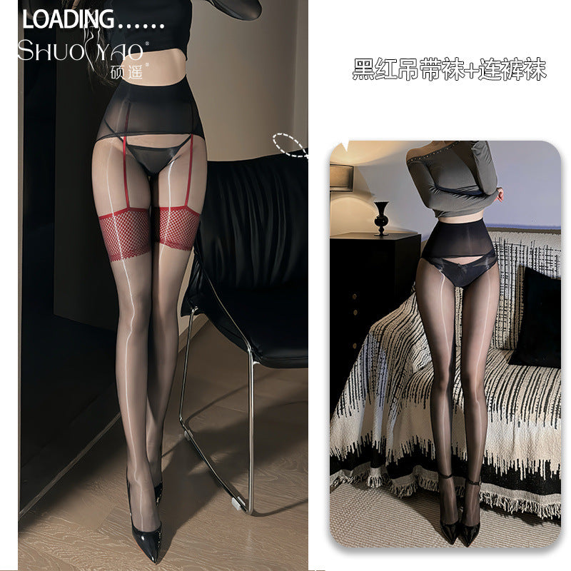 Shuoyao New Aurora Series Fishnet Garter One-Piece Stockings – Sexy Glossy Sheer Tights for Women