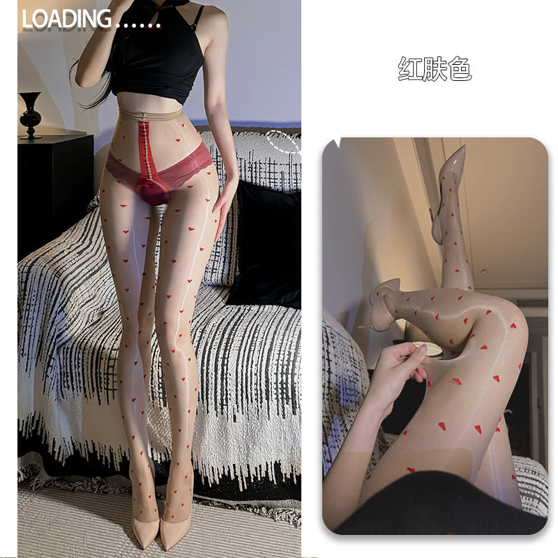 Heart Pattern Glossy Tights – Sheer Polka Dot Open-Crotch One-Piece Stockings, Sexy Aurora Silky Lingerie