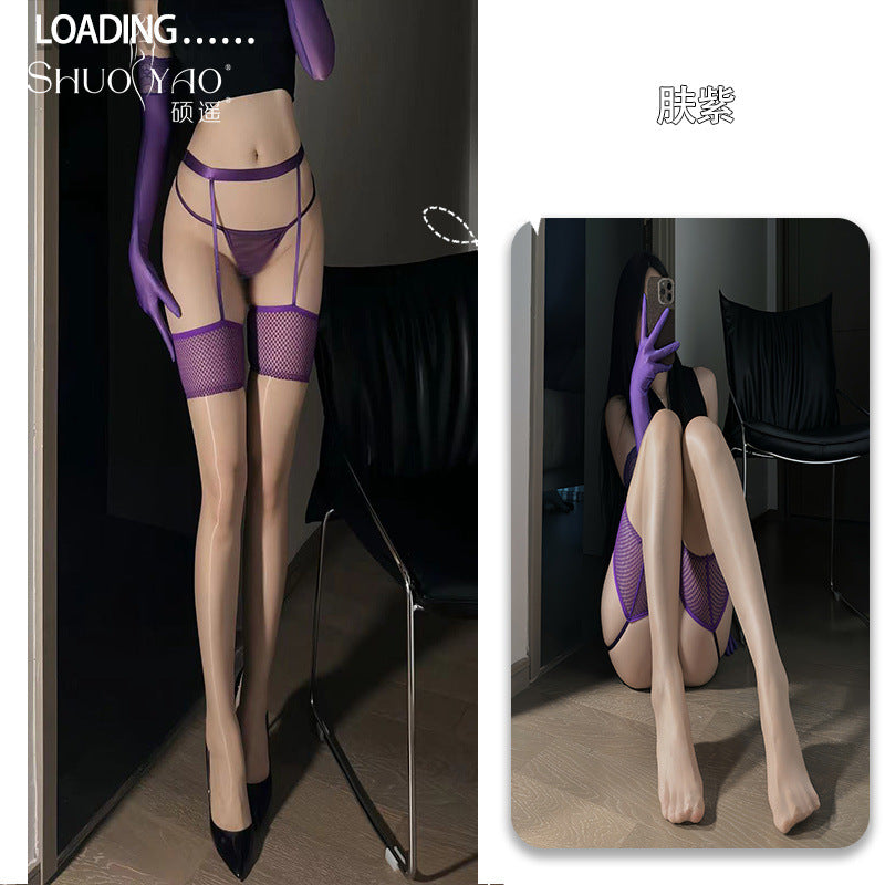 Shuoyao New Aurora Series Fishnet Garter One-Piece Stockings – Sexy Glossy Sheer Tights for Women