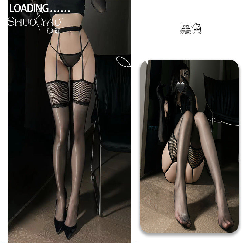 Shuoyao New Aurora Series Fishnet Garter One-Piece Stockings – Sexy Glossy Sheer Tights for Women